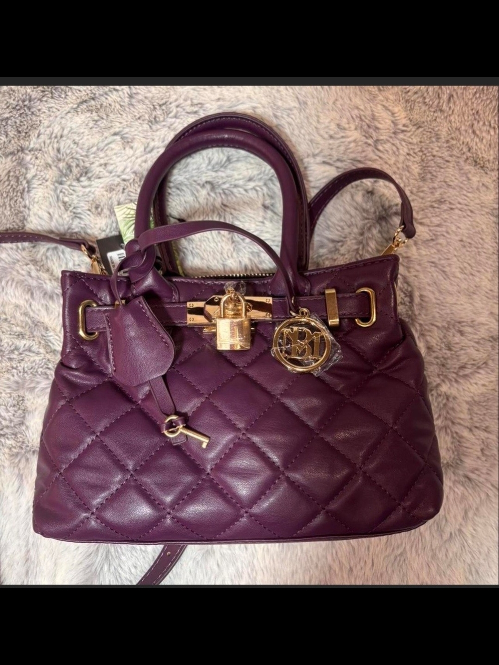 Badgley Mischka Quilted Purple Satchel Handbag with Gold Hardware